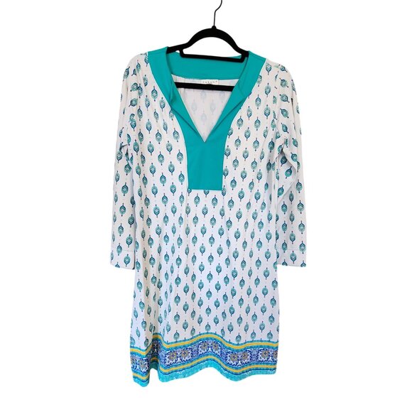 Cabana Life Womens Tunic Dress M White & Turquoise Print 3/4 Sleeve Boho Style U - Picture 1 of 3